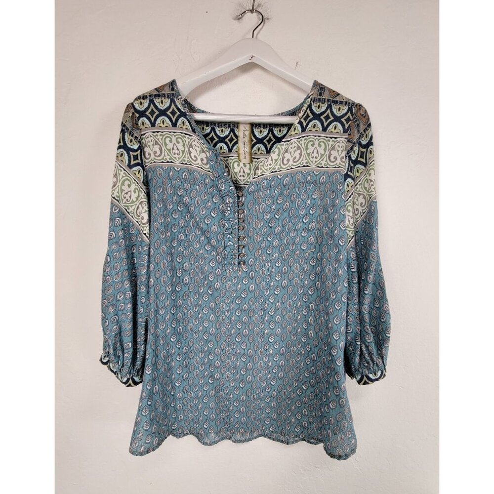 Aratta Silent Journey Womens Embroidered Floral Peacock Blouse Medium Blue Boho